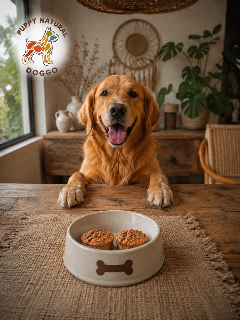 Perro con las patas sobre una mesa frente a un plato con porciones naturales horneadas